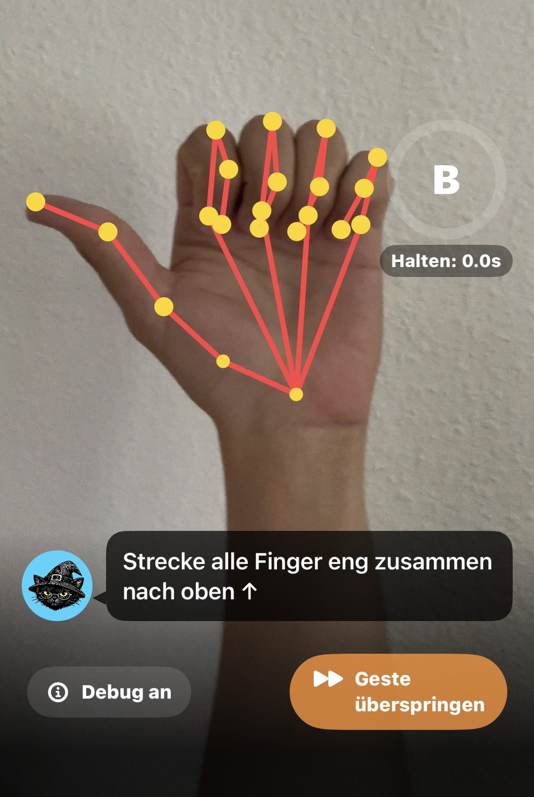 Fehlerhafte Gebärde B: rote Linien markieren den Fehler